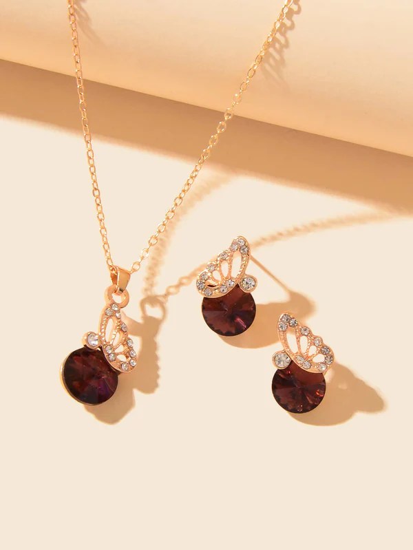 Females Planet - 3Pcs Rhinestone Butterfly Decor Jewelry Set
