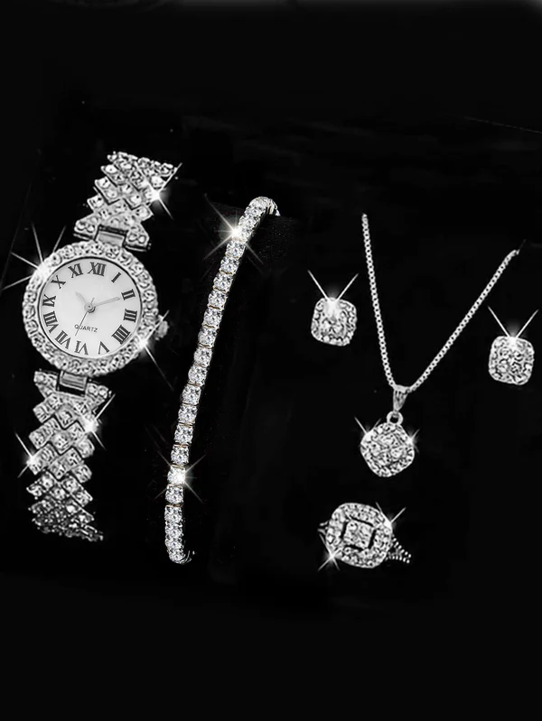 Females Planet - 1pc Women Silver Zinc Alloy Strap Glamorous Cubic Zirconia Decor Round Dial Quartz Watch & 5pcs Jewelry Set, For Daily Life