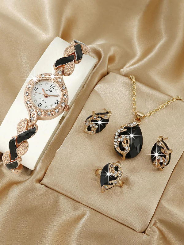Females Planet - 1pc Women Two Tone Stainless Steel Strap Glamorous Rhinestone Decor Round Dial Quartz Watch & 4pcs Jewelry Set, For Daily Life