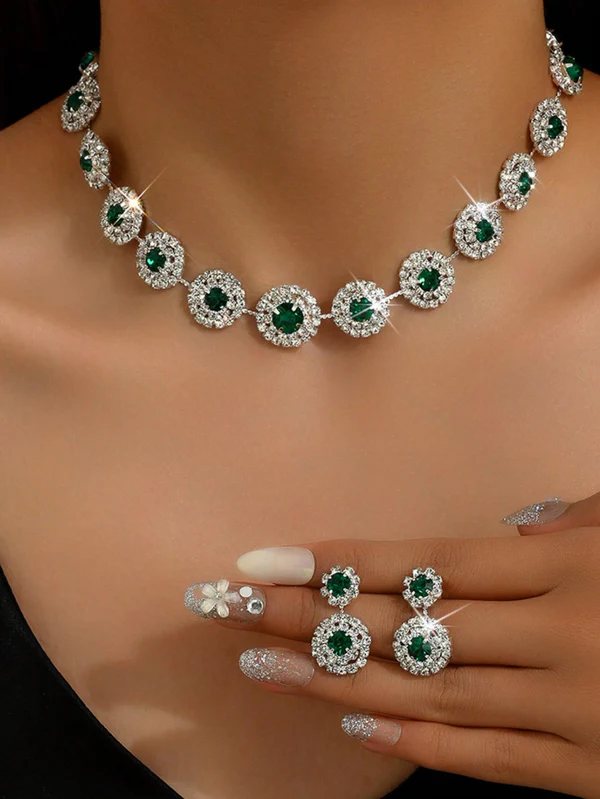 Females Planet - 3Pcs Deluxe Jewelry Set Wedding Party Women'S Dress Water Rhinestone Decorative Jewelry Fashion Shiny Necklace And Earring Set Prom Apparel Accessories (2 Pairs Of Earrings And 1 Necklace)
