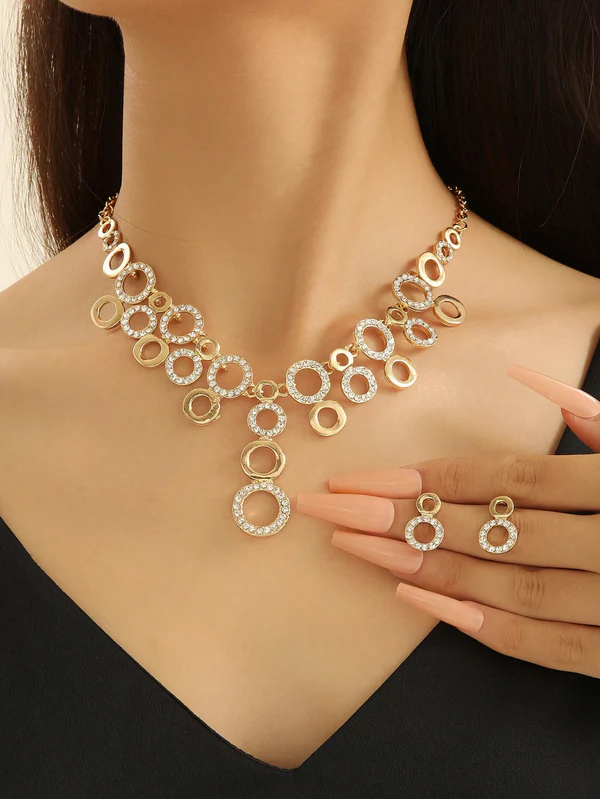 Females Planet - 3Pcs/Set Gold Plated Circle Shaped Jewelry Set With Full Rhinestone For Women'S Gorgeous Banquet