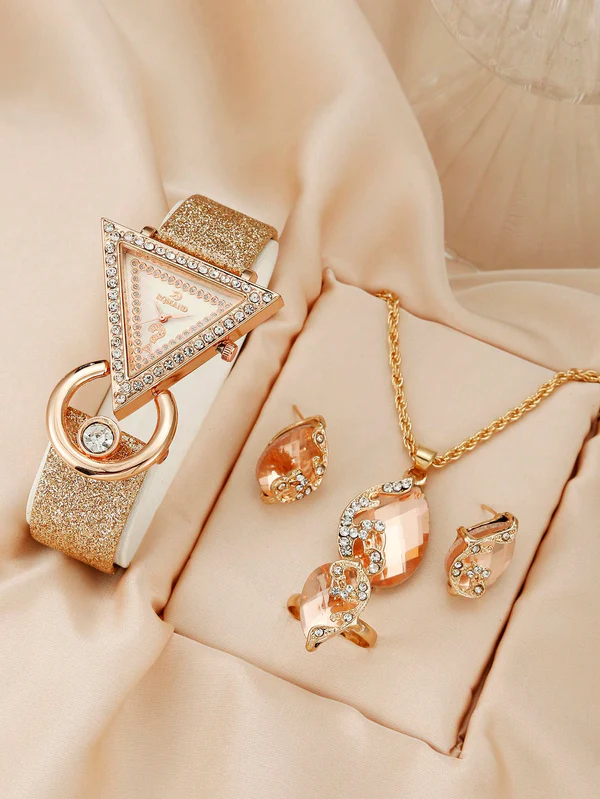 Females Planet - 1pc Diamond Studded Personalized Fashion Quartz Wristwatch & 3pcs Jewelry Set Including Creative Triangle Rutilated Quartz