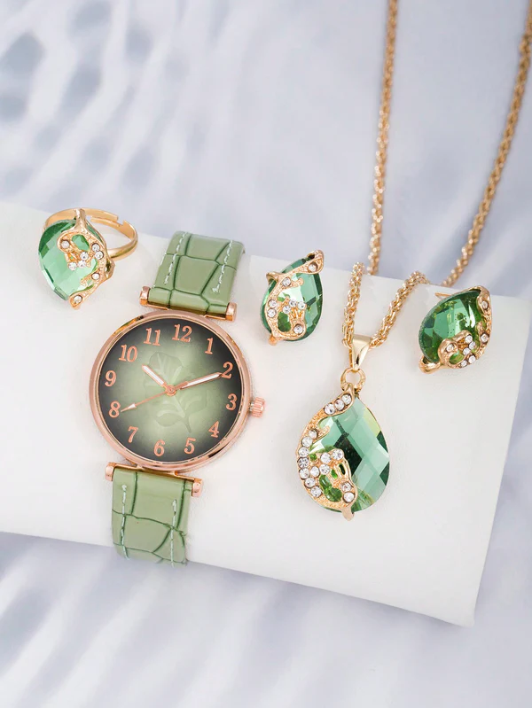 Females Planet - Elegant 5Pcs Quartz Watch For Women And Jewelry Set With Leaf Design - Pu Leather, Ideal Gift For Her