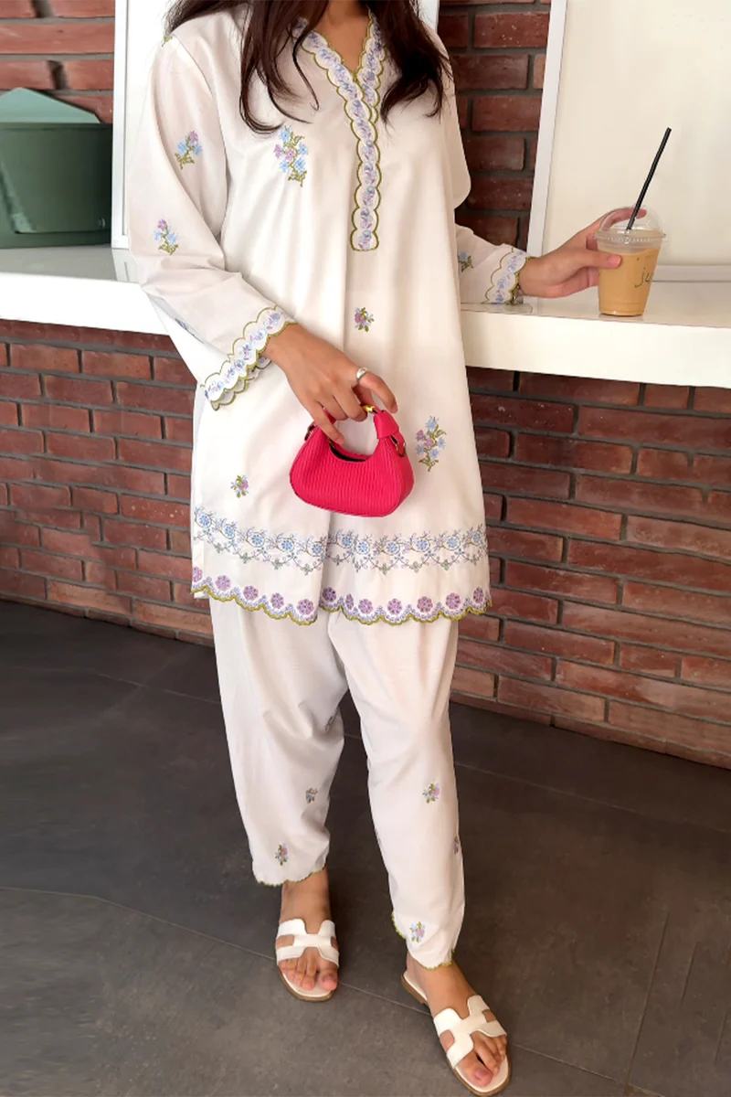 Solid Embroidered Polyester Stitched 2 Piece (Shirt/Trouser)