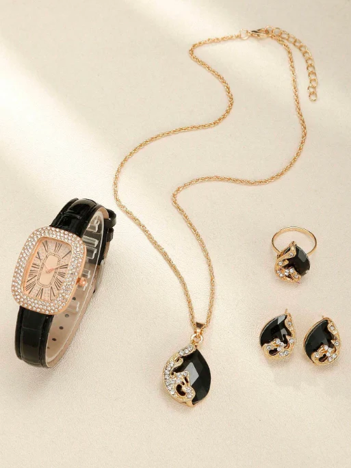 Females Planet - 1pc Black Crocodile Embossed PU Polyurethane Strap Glamorous Rhinestone Decor Rectangle Dial Quartz Watch & 4pcs Jewelry Set