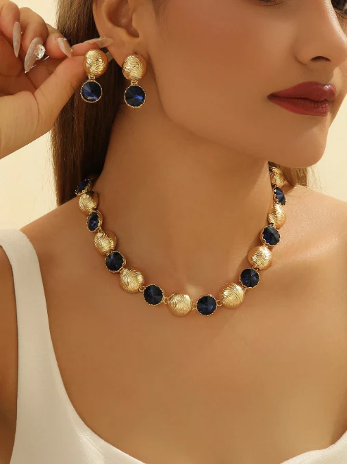Females Planet - 3pcs/Set Vintage Round Wave Patterned Navy Blue Crystal Jewelry Set