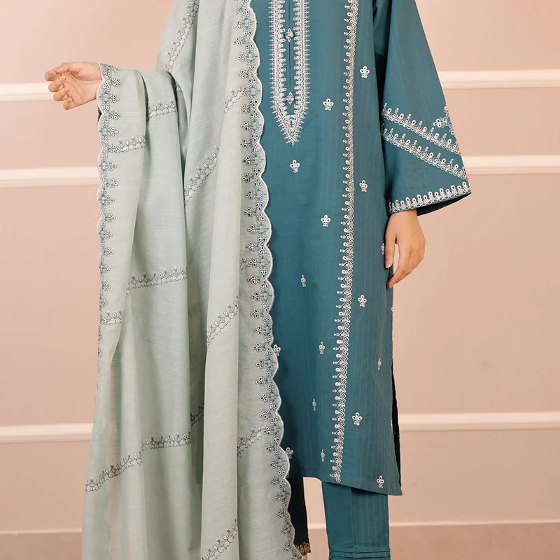 Solid Embroidered Slub Cotton Stitched 2 Piece (Shirt/Trouser)