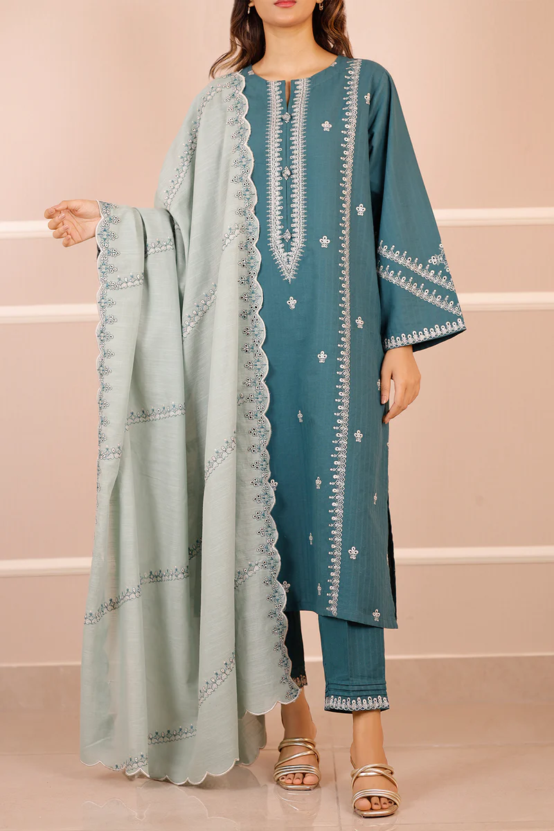 Solid Embroidered Slub Cotton Stitched 2 Piece (Shirt/Trouser)