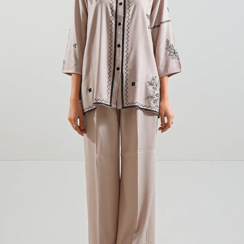 Solid Embroidered Dobby Crepe Stitched 2 Piece (Shirt/Trouser)