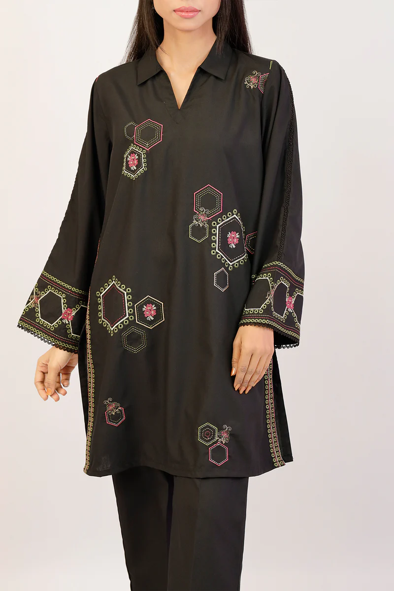 Solid Embroidered Polyester Stitched 2 Piece (Shirt/Trouser)